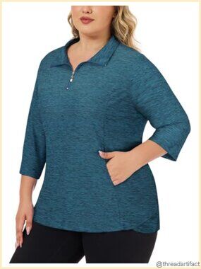 Plus Size Womens Golf Polo Shirt 3/4 Sleeve Zip Up Workout Top with Pockets